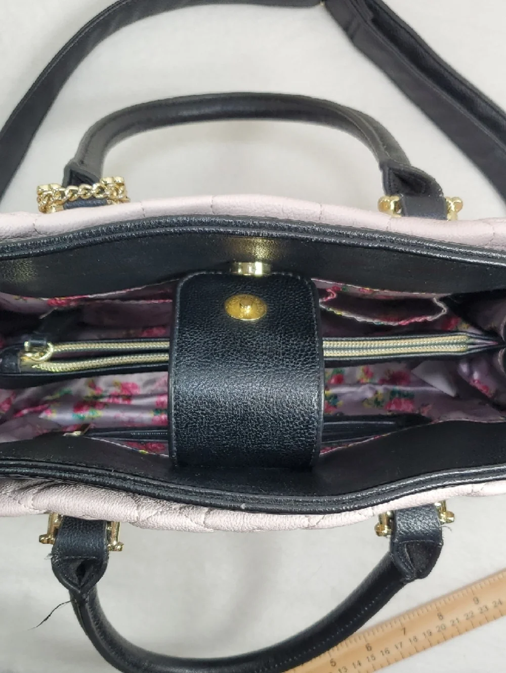 Betsey Johnson Heart Quilted Pink Black Grey Satchel Eiffel Tower Bag Charm